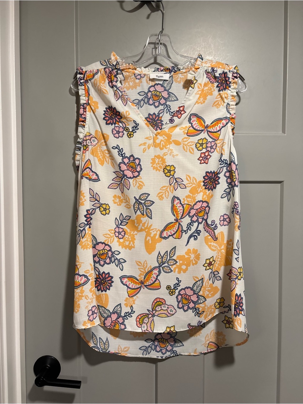 Sleeveless Floral Ruffle-Trim Tank Top - Cream with Yellow & Pink